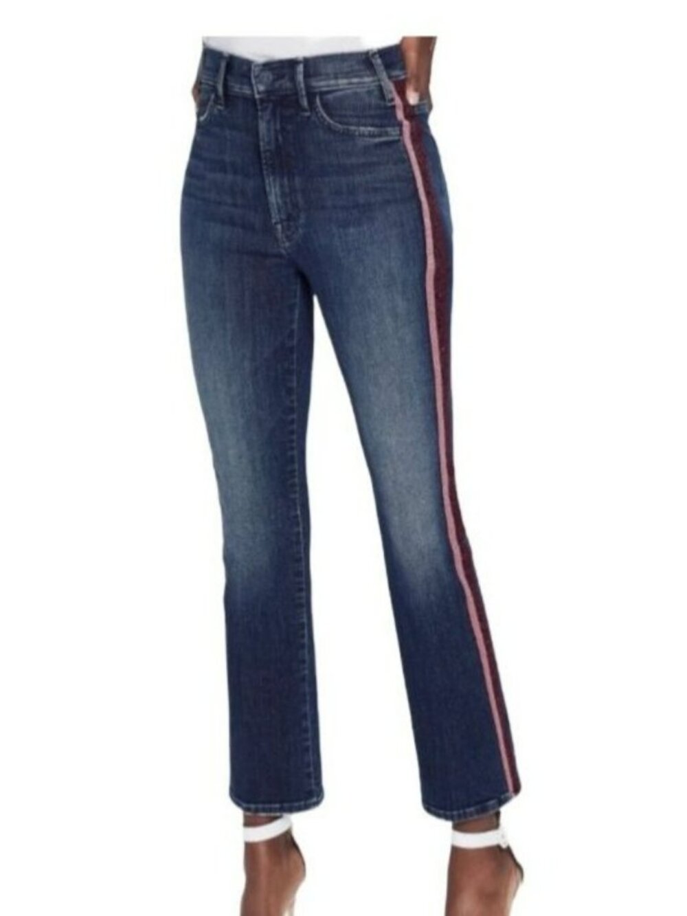 Mother Insider High-Waisted Skinny Jeans Red Glitter Side Stripes Frayed Hems 26